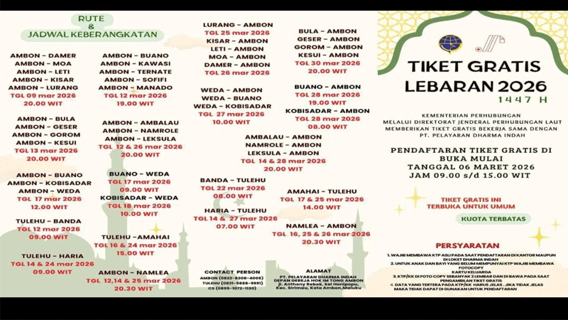 Pendaftaran Tiket Gratis Mudik Lebaran 2026 di Maluku Mulai Dibuka